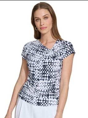 DKNY Blue and White Knot-Front Cap Sleeve Blouse